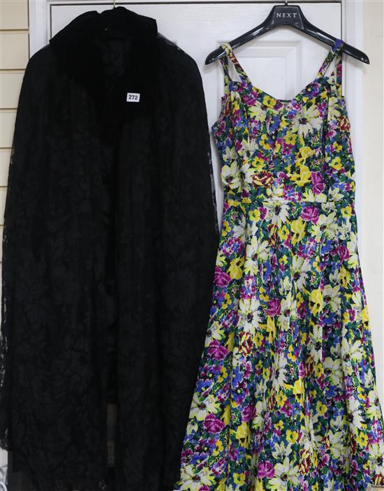 Black lace opera cape and 1940s taffita evening dress